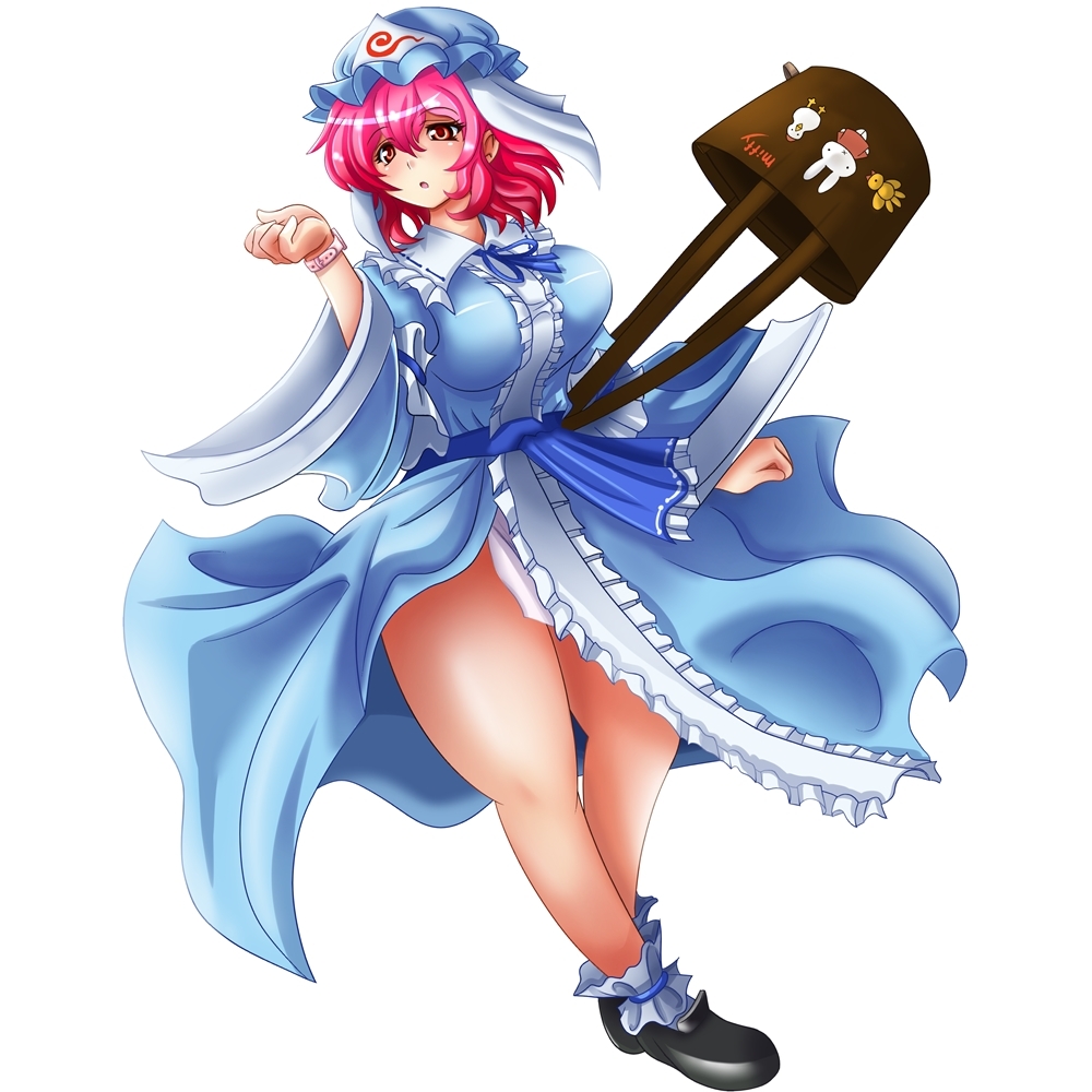 bag breasts clock dress hat large_breasts legs pink_hair red_eyes saigyouji_yuyuko shin'en_(gyokuro_company) shin'en_(gyokuro_company) shoes short_hair simple_background solo standing thick_thighs thighs touhou triangular_headpiece watch white_background wristwatch
