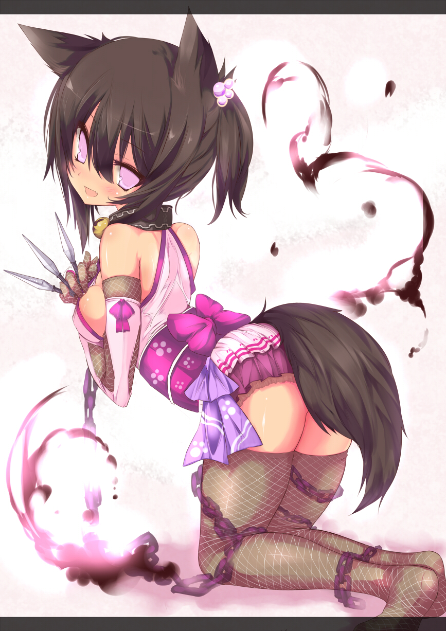bad_id bare_shoulders bell bell_collar black_hair blush bow breasts chain collar elbow_gloves fang fishnet_legwear fishnet_stockings fishnets fox_ears fox_tail gloves hair_bobbles hair_ornament highres jingle_bell kneeling kunai legwear letterboxed looking_back open_mouth original pink_eyes ponytail short_hair shugami skirt solo tail thigh-highs thighhighs weapon