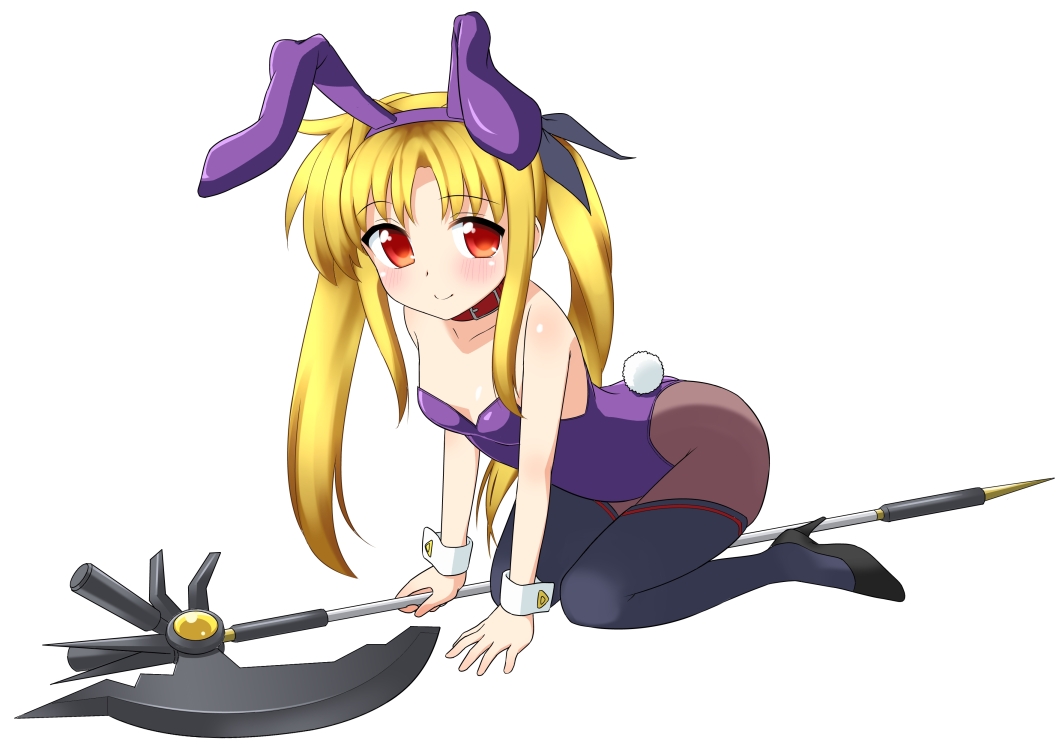 all_fours axe bardiche blonde_hair bunnysuit collar fate_testarossa kuri_youkan long_hair lyrical_nanoha mahou_shoujo_lyrical_nanoha mahou_shoujo_lyrical_nanoha_the_movie_1st pantyhose red_eyes solo thigh-highs thighhighs twintails weapon wrist_cuffs
