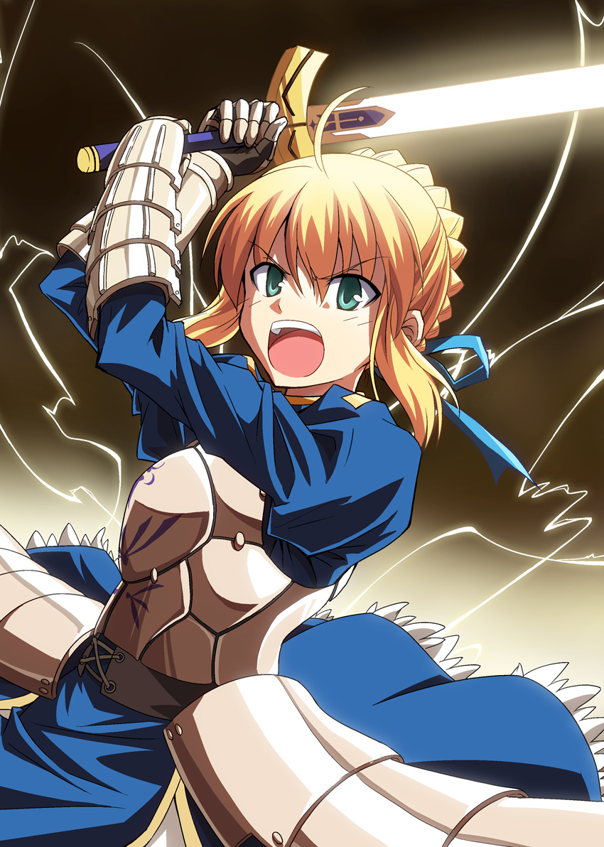 ahoge armor arms_up blonde_hair excalibur fate/stay_night fate/zero fate_(series) gauntlets glowing glowing_sword glowing_weapon green_eyes hair_ribbon open_mouth ribbon rimibure saber solo sword weapon