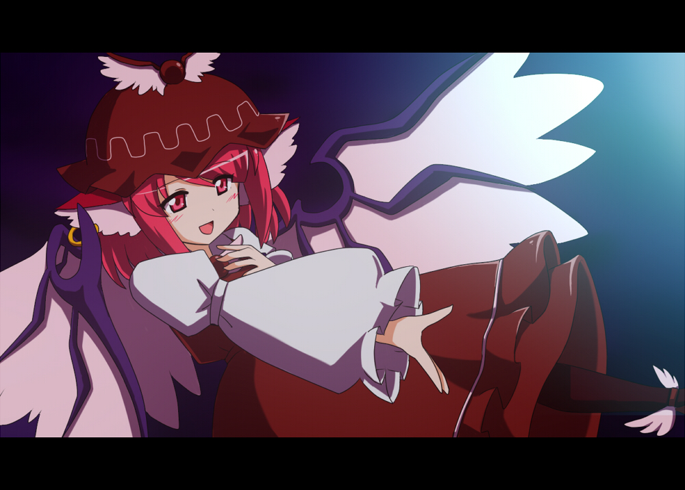 :d animal_ears anime_coloring hand_on_own_chest hand_to_chest hat kamelie letterboxed long_sleeves mystia_lorelei open_mouth outstretched_hand pink_eyes pink_hair puffy_sleeves short_hair smile solo touhou wings