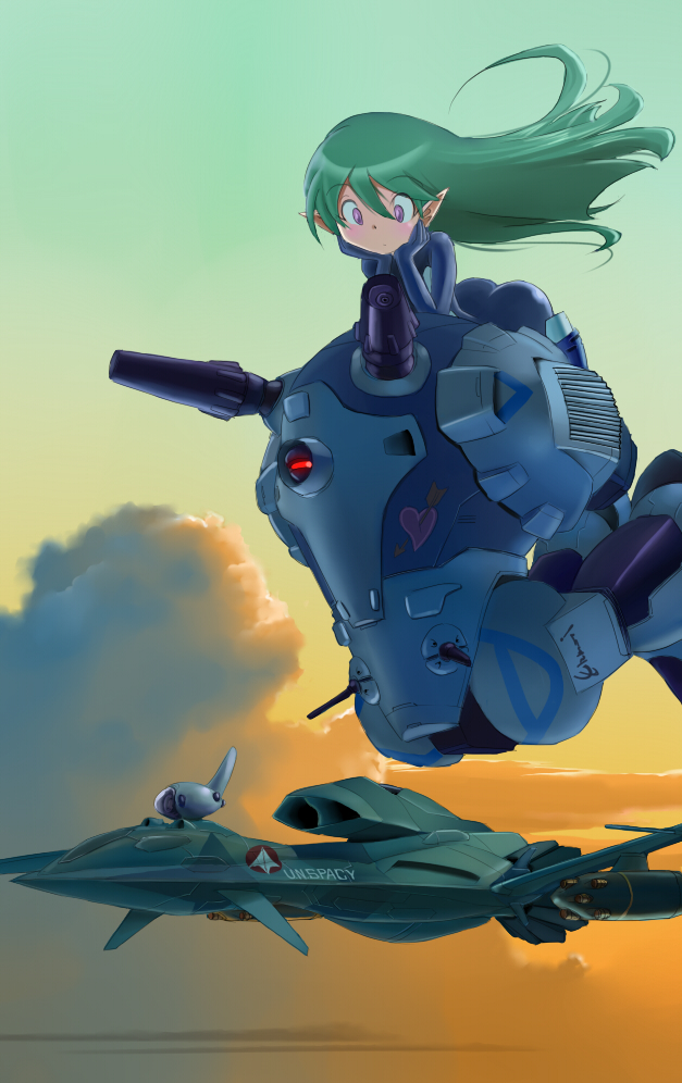 bodysuit canards cannon choujikuu_yousai_macross cloud dusk esbeliben ghost_drone giantess green_hair hands_on_face hands_on_own_face heart inui's_meltran inui's_meltran inui_(jt1116) inui_(pixiv) long_hair macross macross_zero mecha meltrandi missile pointy_ears purple_eyes qf-2001 regult riding robot science_fiction u.n._spacy violet_eyes walker zentradi