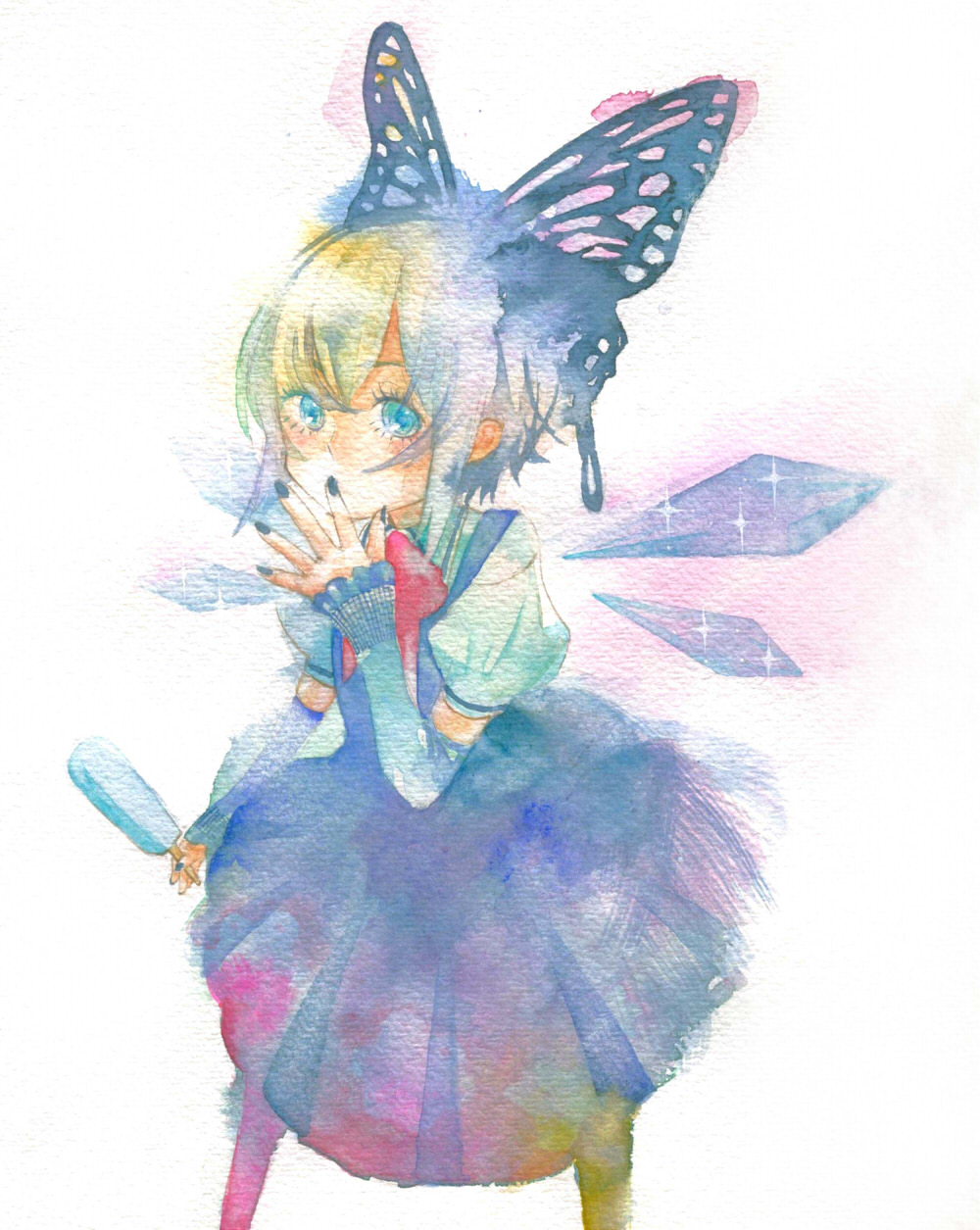 blue_eyes blue_hair butterfly_hair_ornament cirno dress hair_ornament highres kumi_waka_asu nail_polish popsicle simple_background solo touhou traditional_media watercolor_(medium)