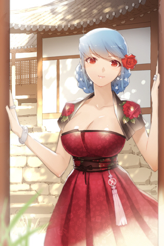 blush bolero bracelet breasts cleavage cropped_jacket dress female flower hair_bun hanbok jewelry korean korean_clothes large_breasts lowres luthica_preventer luticar obi red_dress red_eyes ring rose short_hair smile solo strapless strapless_dress sword_girls taut_shirt