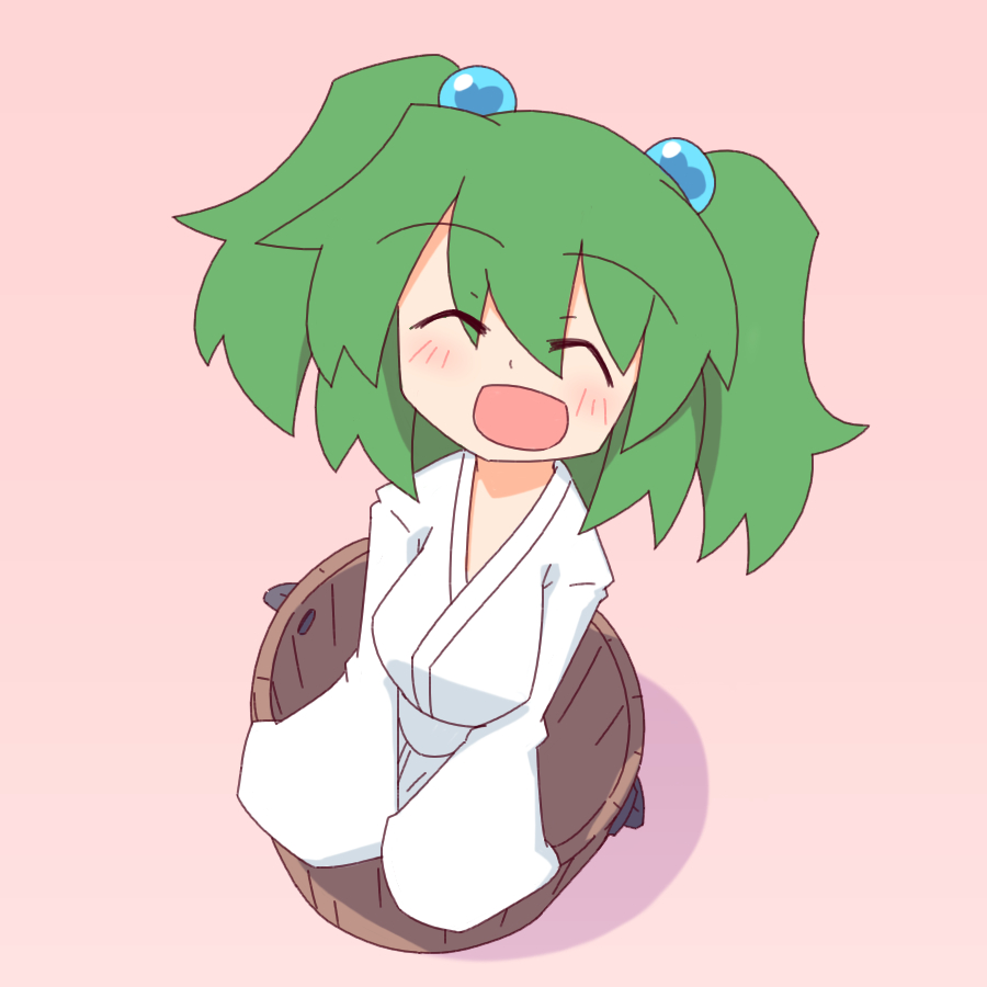 1girl bucket closed_eyes green_hair hair_bobbles hair_ornament happy in_bucket in_container kakinoki_mikan_(kari) kisume open_mouth short_hair smile solo touhou twintails