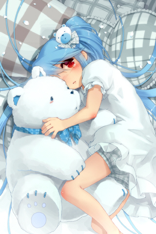 blue_hair blush child doll dress frills hair_ornament lowres luthica_preventer luticar lying open_mouth pillow plaid red_eyes ribbon ruffles snowing solo stuffed_animal stuffed_toy sword_girls teddy_bear twintails young