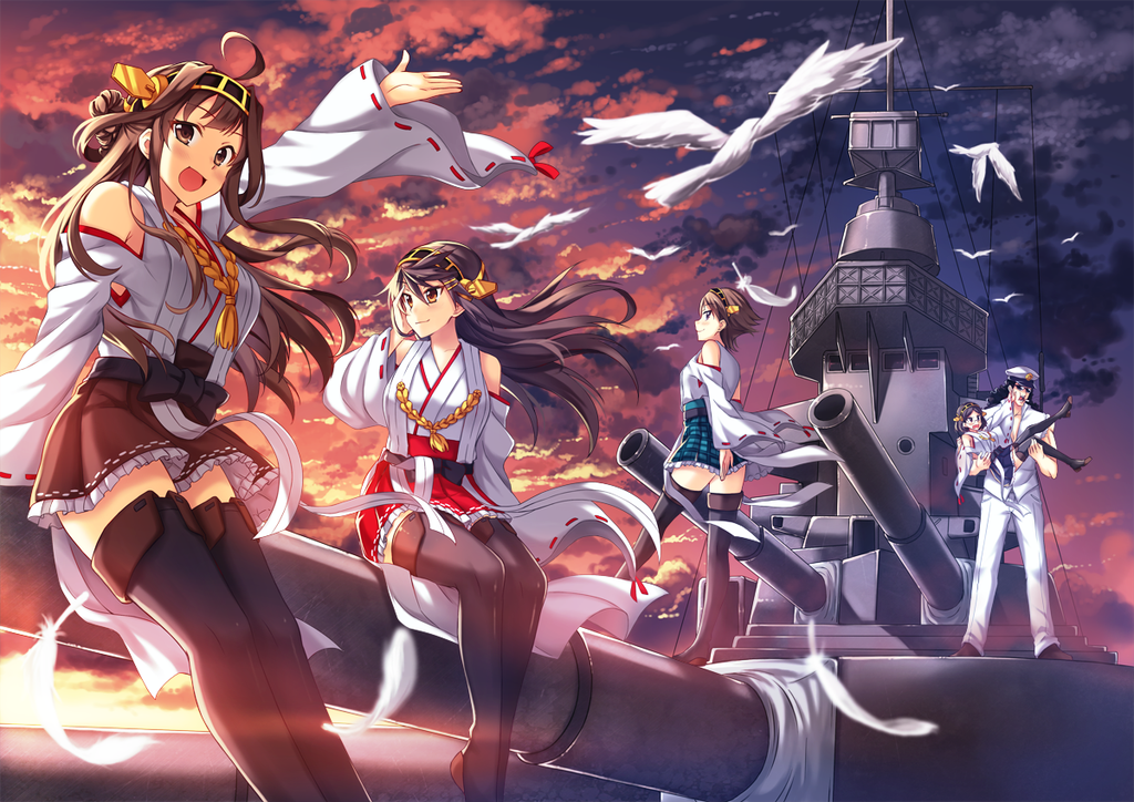 1boy 4girls :d admiral_(kantai_collection) ahoge backlighting bangs bare_shoulders battleship bird black_hair black_legwear brown_eyes brown_hair cannon carrying clouds detached_sleeves double_bun feathers frilled_skirt frills full_body glasses haruna_(kantai_collection) hat headband headgear hiei_(kantai_collection) kantai_collection kirishima_(kantai_collection) kongou_(kantai_collection) long_hair looking_at_viewer military military_uniform multiple_girls naval_uniform nontraditional_miko open_mouth orange_eyes outdoors outstretched_arm pcmaniac88 perspective pleated_skirt princess_carry profile ship short_hair sitting skirt sky smile standing standing_on_one_leg sunset tagme tareme thigh-highs tsurime uniform warship zettai_ryouiki