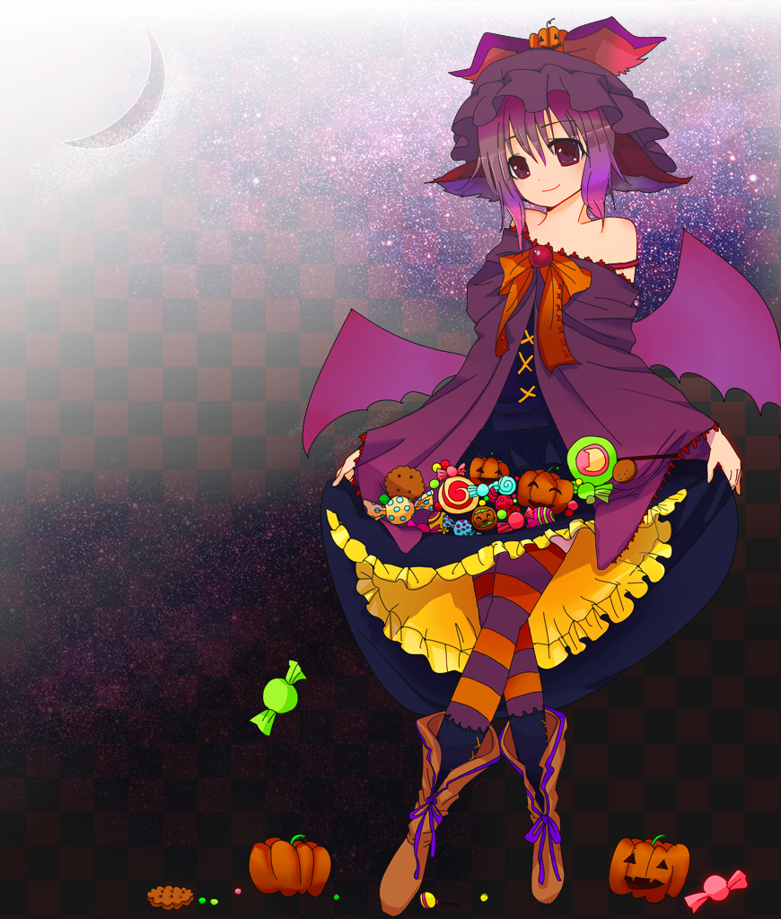 alternate_color animal_ears bare_shoulders boots candy checkered checkered_background cookie crescent_moon crossed_legs_(standing) food halloween hat jack-o'-lantern jack-o'-lantern konko moon mystia_lorelei pumpkin short_hair solo striped striped_legwear thighhighs touhou wings