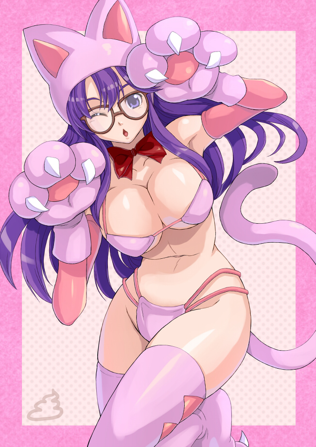 ;o adult animal_hat bikini bow breasts cat_paws cleavage dr._slump elbow_gloves gloves hat kiyoko3sai large_breasts long_hair navel norimaki_arale paw_gloves paw_pose paws pink_bikini pink_legwear purple_eyes purple_hair solo swimsuit tail thigh-highs thighhighs violet_eyes wink