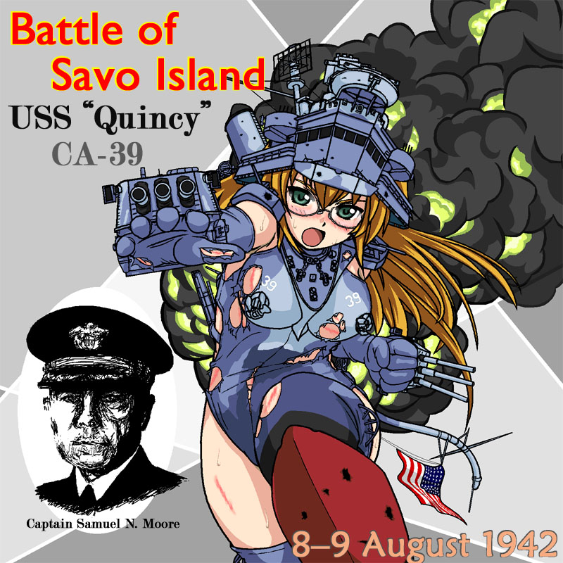 american_flag cruiser damaged dated flag glasses konoekihei military navy new_orleans_class_heavy_cruiser open_mouth original personification pov_aiming samuel_nobre_moore ship smoke torn_clothes uss_quincy uss_quincy_(ca-39) world_war_ii wwii