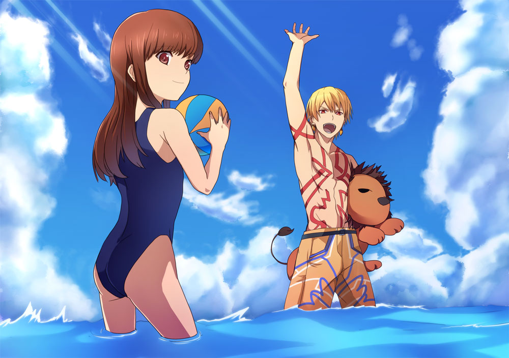 1boy 1girl ass ball beachball blonde_hair blue blue_swimsuit brown_eyes brown_hair fate/extra_ccc fate_(series) female_protagonist_(fate/extra) gilgamesh long_hair nanasi69 one-piece_swimsuit red_eyes sea sky stuffed_animal stuffed_lion stuffed_toy swim_trunks swimsuit