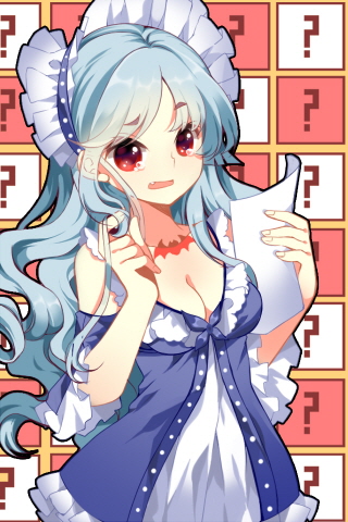 aqua_hair bonnet breasts cleavage crescent_nazo dress fang frills gathers hairband long_hair lowres markings open_mouth paper red_eyes roh_nam_kyung ruffles solo sword_girls