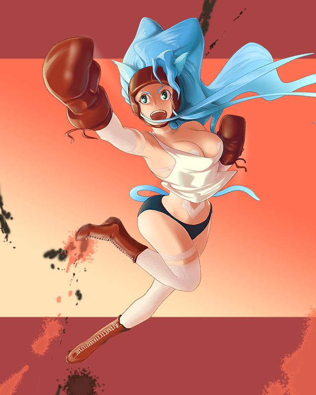 animal_ears arm_up bad_id bare_shoulders blue_hair boots boxing_gloves boxing_headgear breasts capcom cat_ears cleavage cross-laced_footwear felicia fur gloves jumping large_breasts long_hair midriff open_mouth outstretched_arm solo tank_top thighhighs ultra00 vampire_(game) white_legwear