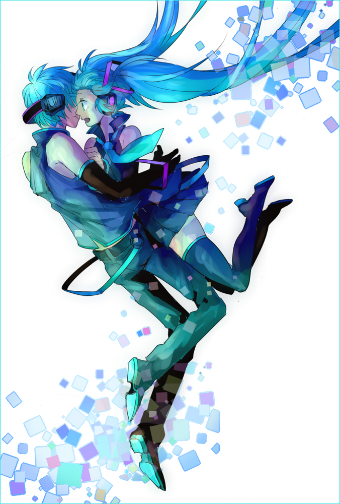 1girl aqua_eyes aqua_hair bad_id boots couple detached_sleeves elbow_gloves floating_hair genderswap gloves hatsune_miku hatsune_mikuo headphones ichinose777 long_hair necktie open_mouth skirt thigh-highs thigh_boots thighhighs twintails very_long_hair vocaloid zettai_ryouiki