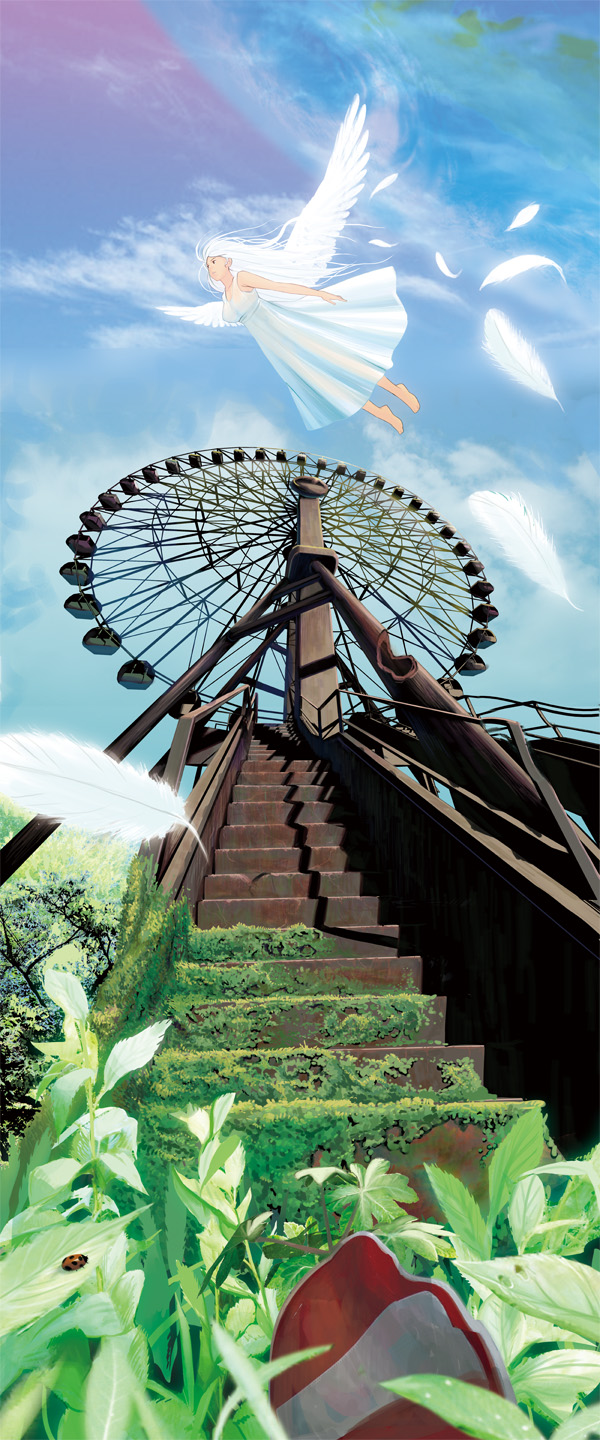 angel_wings background bad_id barefoot clouds dress feather feathers female ferris_wheel flying hair highres ladybug long_hair masao moss original outside overgrown perspective plants rust sign sky solo stairs syounen_no_uta white_dress white_hair wings