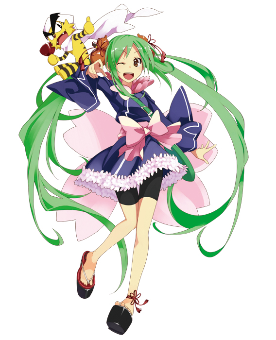 ;d artist_request belt bike_shorts bow brown_eyes copyright_request green_hair happy hatsune_miku japanese_clothes kimono lolita_fashion long_hair open_mouth ribbon sandals smile solo source_request tiger twintails ushiki_yoshitaka very_long_hair vocaloid wa_lolita white_background wink