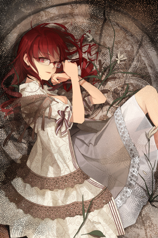 bolero breasts brenika_answer cleavage cropped_jacket dress drill_hair flower glasses hand_on_cheek hand_on_own_cheek hand_on_own_face lace long_hair lowres lying red_hair redhead ribbon solo sword_girls vernika_answer