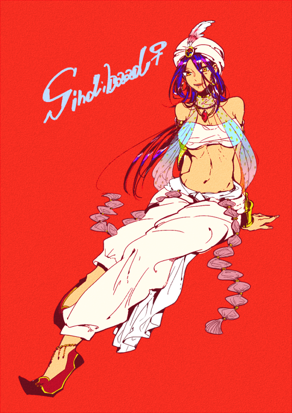 anklet arabian_clothes arm_support armlet bare_shoulders genderswap harem_pants hat hoop_earrings jewelry long_hair magi_the_labyrinth_of_magic midriff navel necklace orange_eyes purple_hair see-through shoes sinbad_(magi) sitting solo tubetop turban wrist_cuffs