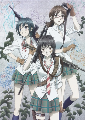 3girls ammunition_belt assault_rifle bandaid_on_face between_breasts black_hair blue_eyes bowtie brown_eyes brown_hair coppelion fukasaku_aoi glasses gloves green_eyes green_hair green_skirt gun hand_on_hip holster kneehighs leaf long_hair looking_at_viewer looking_away loose_necktie loose_shirt lowres miniskirt multiple_girls naruse_ibara necktie nomura_taeko official_art pale_skin plaid plaid_skirt pleated_skirt rifle shirt short_hair short_ponytail skirt sleeves_rolled_up sniper_rifle striped striped_bowtie striped_necktie thigh_holster weapon white_shirt