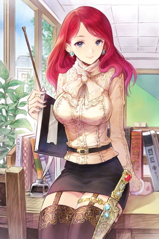 book bow breasts dagger earrings garter_belt holster jewelry large_breasts long_hair long_sleeves lowres pointer purple_eyes red_hair redhead rihanna russel_(yumeriku) skirt solo sweater sword_girls thigh-highs thighhighs violet_eyes weapon