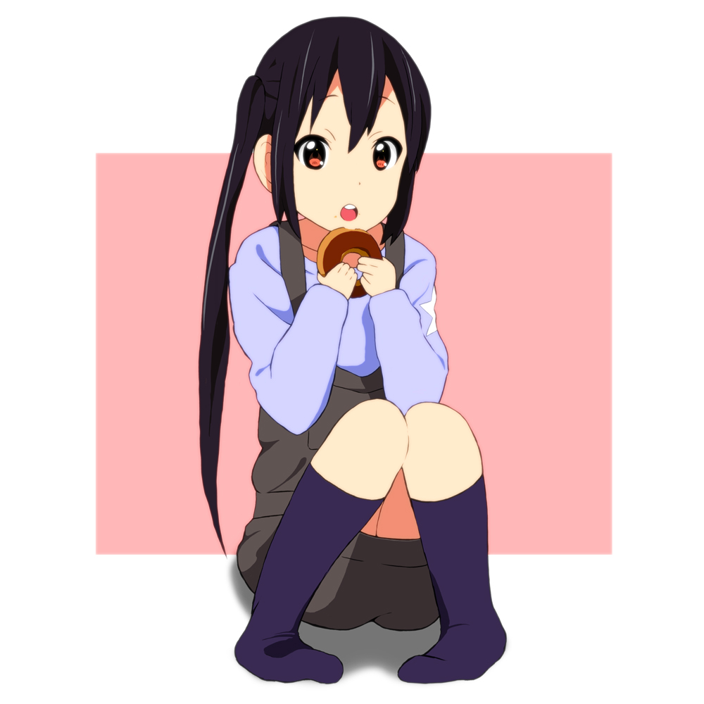 black_hair brown_eyes doughnut eating footwear k-on! kaiman long_hair looking_at_viewer nakano_azusa open_mouth overalls sitting socks t-shirt twintails