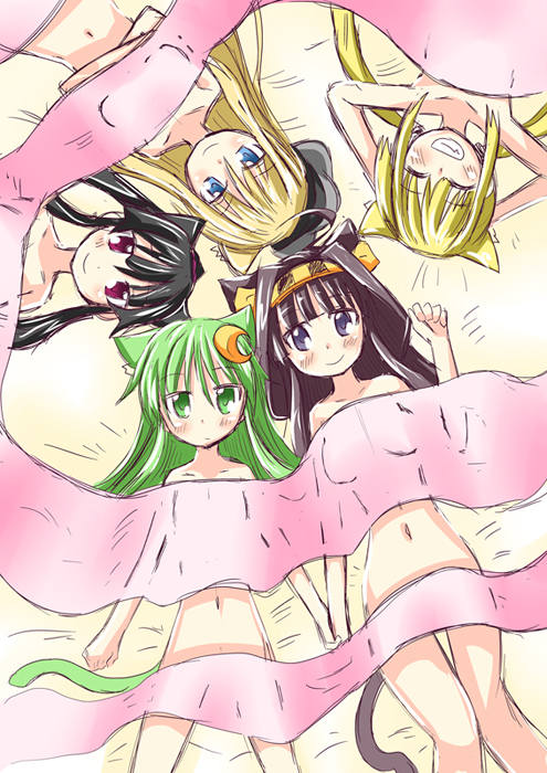 5girls ^_^ animal_ears arms_behind_back bare_shoulders bismarck_(kantai_collection) black_hair blonde_hair blue_eyes breasts brown_hair cat_e cat_ears closed_eyes green_eyes green_hair grin hairband hat ichimi kantai_collection kemonomimi_mode kongou_(kantai_collection) low_twintails multiple_girls nagatsuki_(kantai_collection) navel nude ponytail satsuki_(kantai_collection) smile twintails violet_eyes yahagi_(kantai_collection)