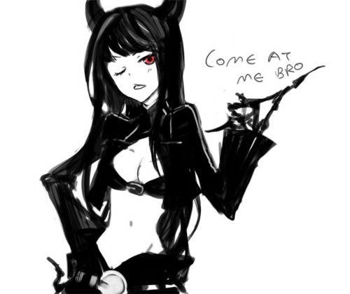 black_hair black_rock_shooter bra breasts cleavage come_at_me_bro cropped_jacket english horns lingerie long_hair lowres meme midriff navel pale_skin red_eyes solo text tribute underwear wink