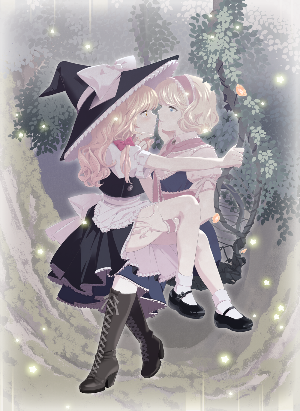 alice_margatroid blonde_hair blue_eyes boots cross-laced_footwear eye_contact face-to-face face_to_face hat highres kirisame_marisa lace-up_boots long_hair looking_at_another mary_janes multiple_girls ofuton_zeb shoes short_hair sitting sitting_on_lap sitting_on_person socks touhou white_legwear witch witch_hat yellow_eyes yuri