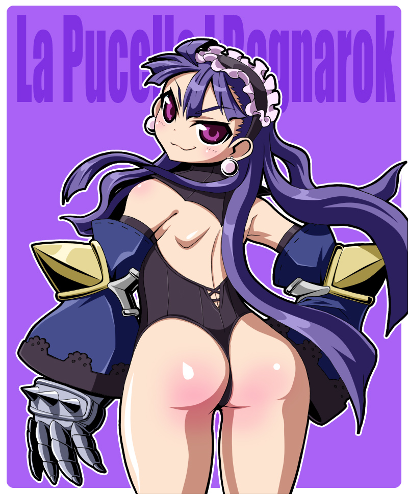 dark_eclair detached_sleeves earrings eclair_(la_pucelle) evil_smile frills gauntlets gloves hairband jewelry kurono la_pucelle leotard long_hair looking_back one-piece_thong panties purple_background purple_eyes purple_hair ruffles shiny shiny_skin smile solo thong thong_leotard title_drop underwear violet_eyes