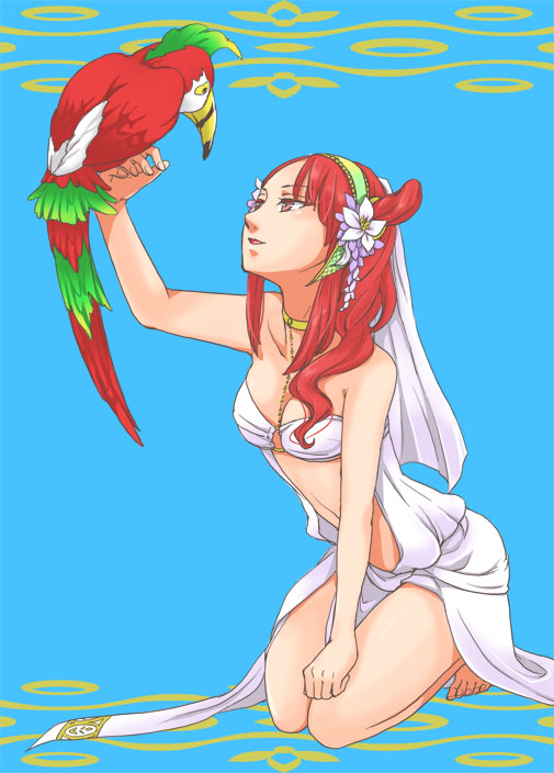 barefoot bird bird_on_hand choker dress feet flower harem_outfit jewelry kneeling long_hair magi_the_labyrinth_of_magic morgiana navel necklace ornament parrot red_hair redhead rihara smile solo white_dress