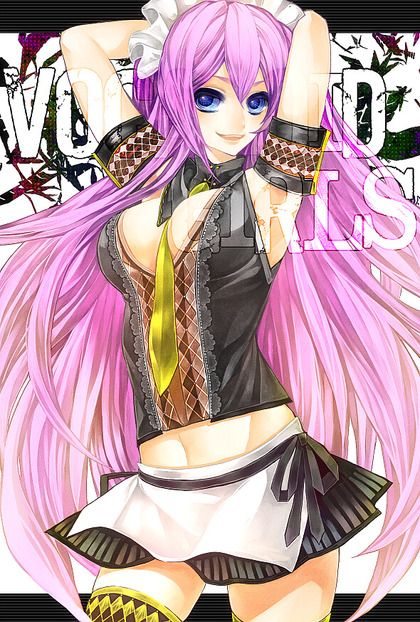 arms_up blue_eyes breasts chino_machiko long_hair megurine_luka navel necktie pink_hair skirt smile solo thigh-highs thighhighs very_long_hair vocaloid zettai_ryouiki