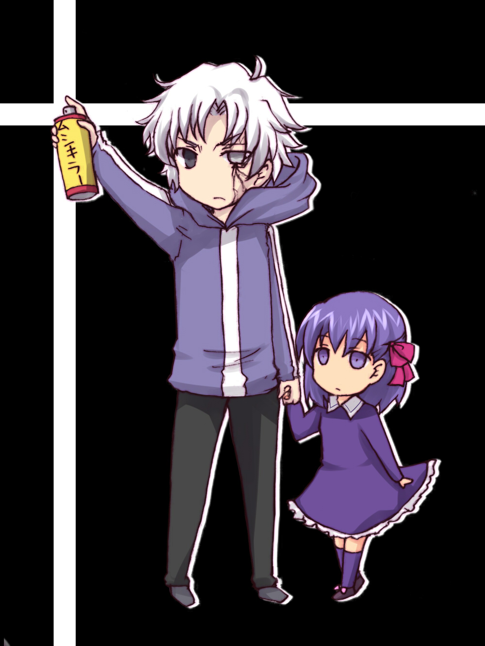 chibi child dress fate/stay_night fate/zero fate_(series) hair_ribbon hand_holding highres holding_hands hoodie insecticide matou_kariya matou_sakura purple_eyes purple_hair ribbon uncle_and_niece violet_eyes white_hair young yzb-030