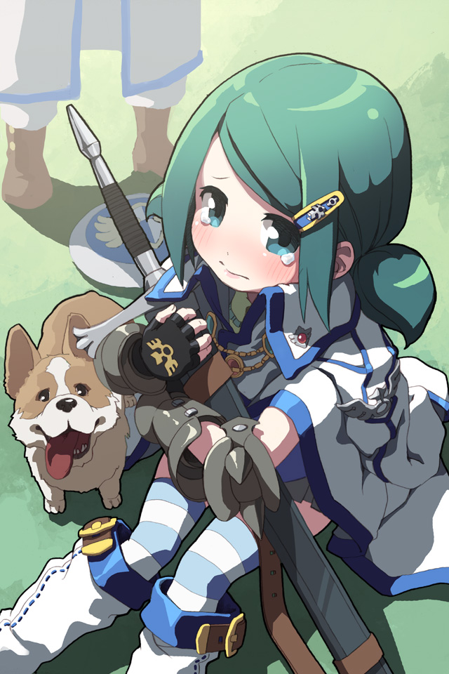 blush crest dog fingerless_gloves gauntlets gloves green_eyes green_hair hair_ornament hairclip lena_(zoal) on_ground open_mouth ponytail rotori sheath sheathed shiba_inu shield sitting solo striped striped_legwear sword sword_girls tears thigh-highs thighhighs tongue weapon youngest_knight