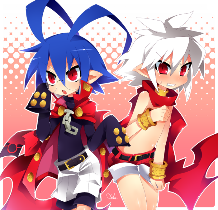 albino antenna_hair bad_id bespectacled blue_hair blush bracelet cape clenched_teeth cosplay costume_switch disgaea embarrassed glasses glasses_switch jewelry laharl laharl_(cosplay) makai_senki_disgaea makai_senki_disgaea_3 male mao mao_(cosplay) mao_(disgaea) mao_(disgaea)_(cosplay) multiple_boys mushimaro pointy_ears red_eyes red_scarf scarf shirt shirtless shorts shorts_tug sleeves_past_wrists white_hair