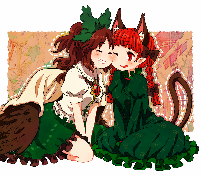 animal_ears black_wings blush bow braid brown_hair cape cat_ears cat_tail cheek-to-cheek cheek_to_cheek closed_eyes dotted_outline dress extra_ears eyes_closed fang friends green_dress grin hair_bow hair_ribbon happy kaenbyou_rin multiple_girls multiple_tails no_nose open_mouth pentagon red_eyes red_hair redhead reiuji_utsuho ribbon shirt sitting skirt smile tail third_eye touhou twin_braids v_arms wings wink