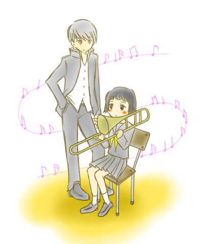 blush_stickers chair hand_in_pocket instrument lowres matsunaga_ayane narukami_yuu open_clothes open_jacket persona persona_4 school_uniform serafuku short_hair silver_hair sitting trombone