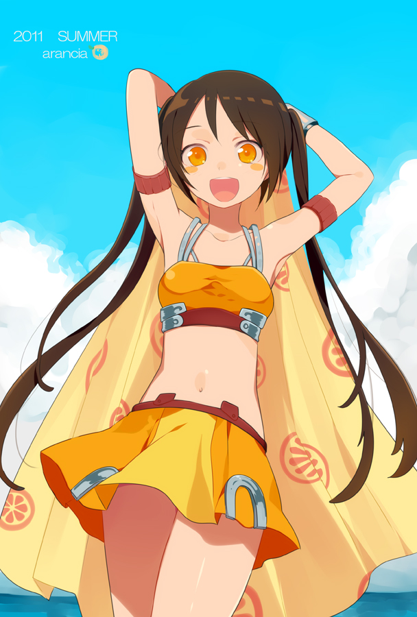 arancia armpits arms_behind_head arms_up blush_stickers brown_hair cloud harano long_hair looking_at_viewer midriff miniskirt navel open_mouth orange_eyes original skirt sky smile solo twintails