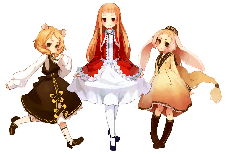 3girls animal_ears blonde_hair boots dress knee_boots mariel-san mikumikudance mmlu_(honwa_karesu) multiple_girls original rea-sama shoes usausa_(kanihira)