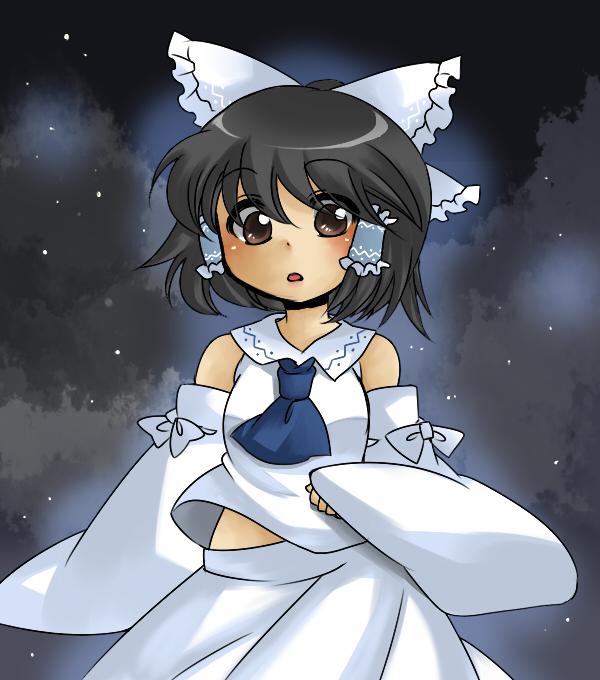 aenobas alternate_color ascot bow brown_eyes brown_hair cloud concealed_the_conclusion detached_sleeves hair_bow hair_tubes hakurei_reimu hammer_(sunset_beach) miko night open_mouth sky solo star_(sky) starry_sky touhou white