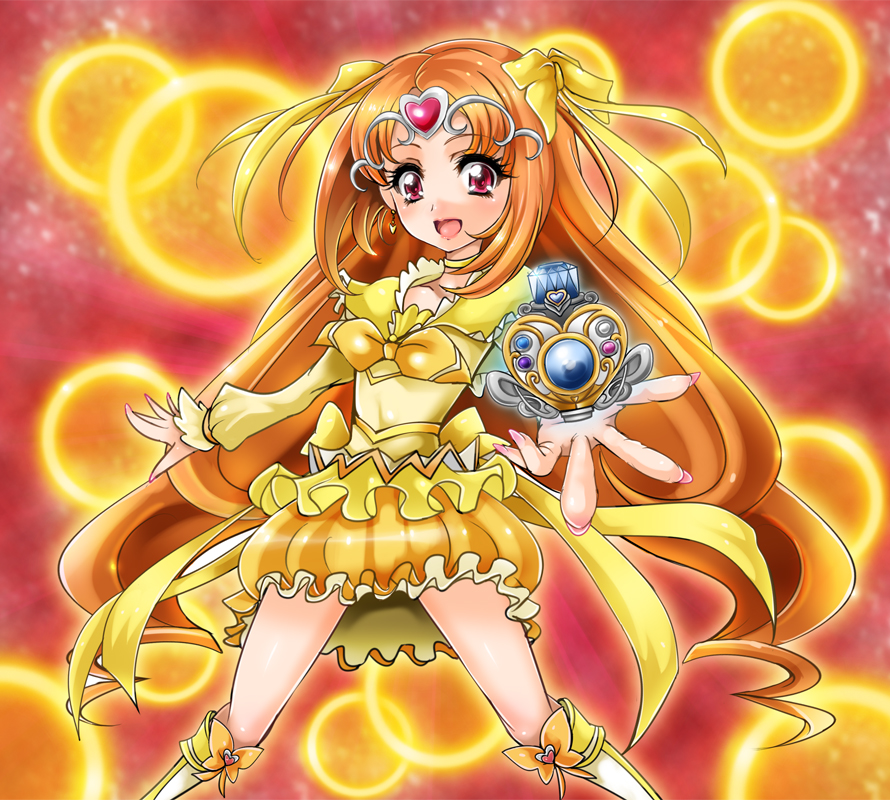 1041_(toshikazu) boots bow brooch choker circlet cure_muse cure_muse_(yellow) dress hair_ribbon heart jewelry long_hair magical_girl orange_hair precure red_eyes ribbon ruffles shirabe_ako smile solo suite_precure