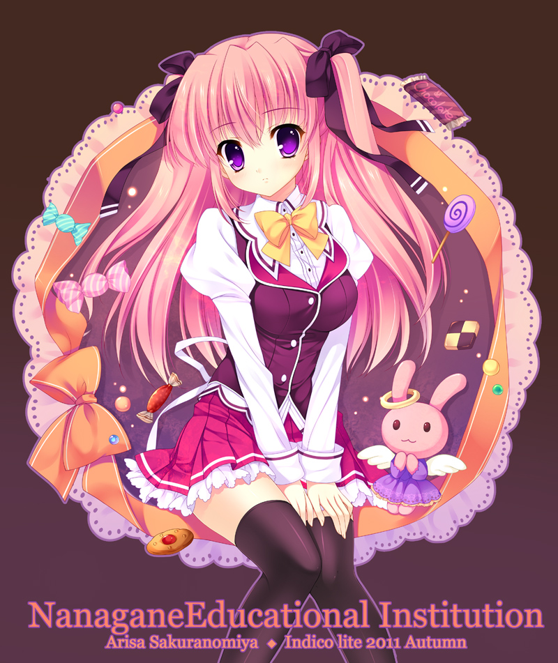 black_legwear bow bunny candy checkerboard_cookie chocolate cookie dress food hair_bow hair_ribbon halo hands_on_lap lace lollipop long_hair long_sleeves looking_at_viewer mitha nanagane_educational_institution original pastry pink_hair purple_eyes rabbit ribbon sakuranomiya_arisa school_uniform sitting skirt sleeves_past_wrists solo stuffed_animal stuffed_toy swirl_lollipop thigh-highs thighhighs twintails two_side_up violet_eyes wings zettai_ryouiki
