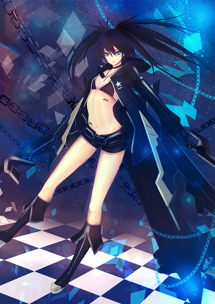 black_hair black_rock_shooter black_rock_shooter_(character) black_rock_shooter_(game) blue_eyes boots chain chains checkered checkered_floor choker jewelry long_hair midriff navel necklace rinbukyoku short_shorts shorts smile solo twintails
