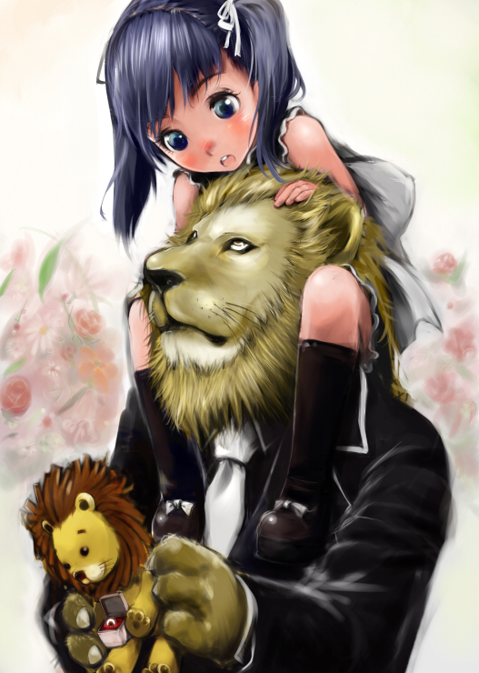 blue_hair carrying eye_contact formal goichi hair_ribbon jewelry lion looking_at_another necktie original ribbon ring shoulder_carry stuffed_animal stuffed_lion stuffed_toy suit twintails