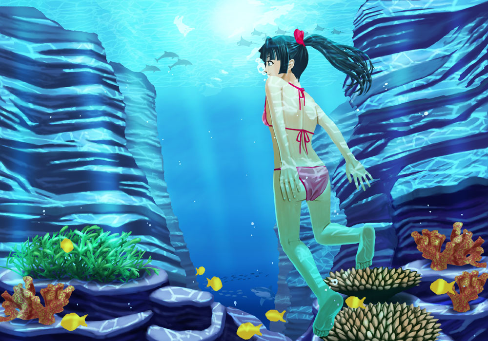 barefoot bikini black_hair bubble canyon coral dolphin feet fish freediving from_behind hirono_(final_square) long_hair manta_ray ocean original ponytail rock soles solo swimming swimsuit underwater water