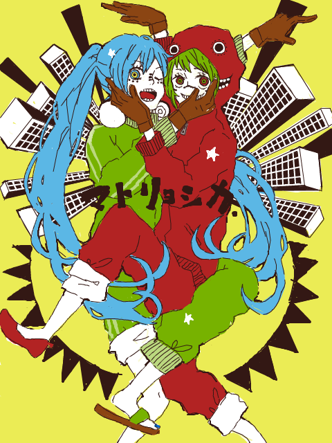 alternate_costume aqua_hair building coat eyelashes gloves green_hair grin gumi hand_on_another's_face hands_on_face hatsune_miku hoodie long_hair mam233 matryoshka_(vocaloid) multiple_girls open_mouth pants sandals sharp_teeth smile star twintails vocaloid wink