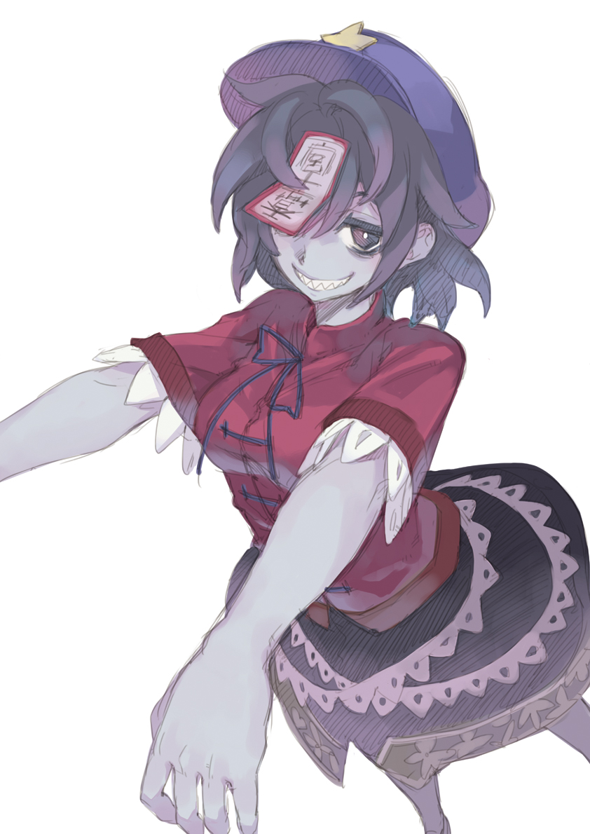 blue_eyes blue_hair chinese_clothes dress grin hat jiangshi looking_at_viewer miyako_yoshika morino_hon ofuda outstretched_arms pale_skin short_hair simple_background skirt smile solo star touhou white_background zombie_pose