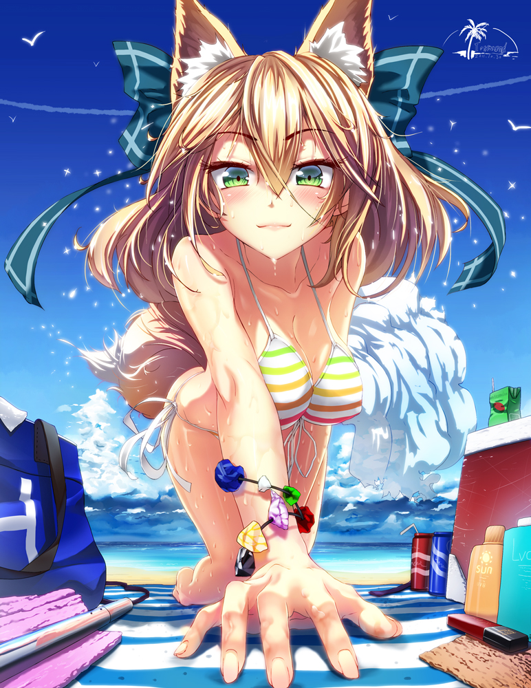 all_fours animal_ears bag beach bikini blonde_hair blush bottle bracelet breasts cleavage extra_ears foreshortening fox_ears fox_tail front-tie_top glycyrrhizae green_eyes hanging_breasts jewelry large_breasts lighter long_hair looking_at_viewer lotion original perspective side-tie_bikini soda_can solo striped striped_bikini striped_swimsuit sunscreen suntan_lotion swimsuit tail wet