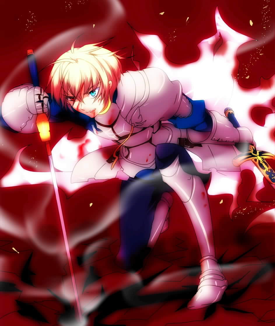 6-k-i-7 archetype_saber armor blonde_hair blood blood_on_face blue_eyes boots caliburn dual_wielding excalibur fate/prototype fate/stay_night fate_(series) gauntlets heterochromia male red_eyes saber_(fate/prototype) saver short_hair solo sword weapon