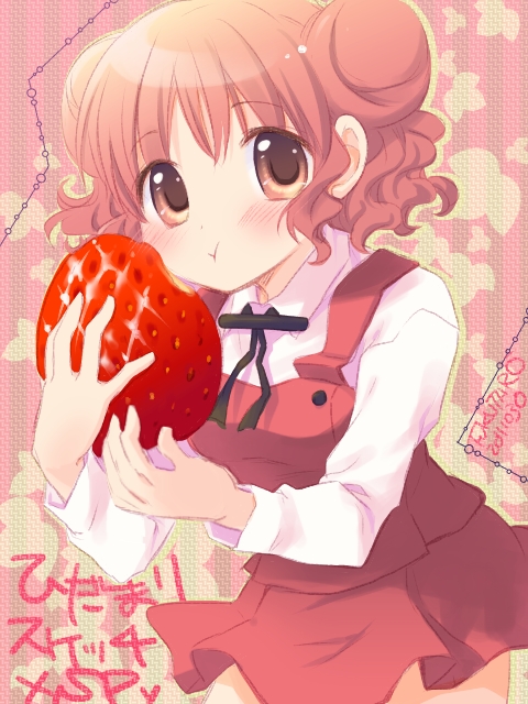 double_bun eating food fruit fukuda_fukutarou hidamari_sketch hiro pink_hair red_eyes school_uniform short_hair skirt solo strawberry