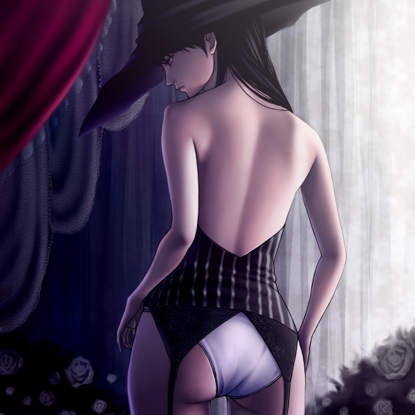 1girl back backless_outfit black_hair curtains flower garter_belt hat open_back original panties raito_(010415) red_eyes rose solo underwear white_panties white_rose witch_hat